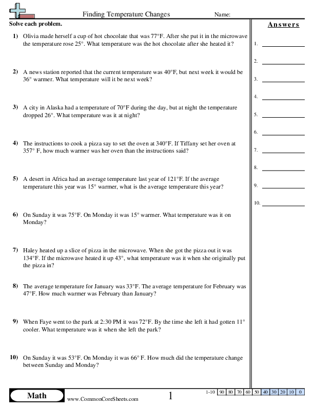 Word Problems 0° - 100° F  Worksheet - Word Problems 0° - 100° F  worksheet